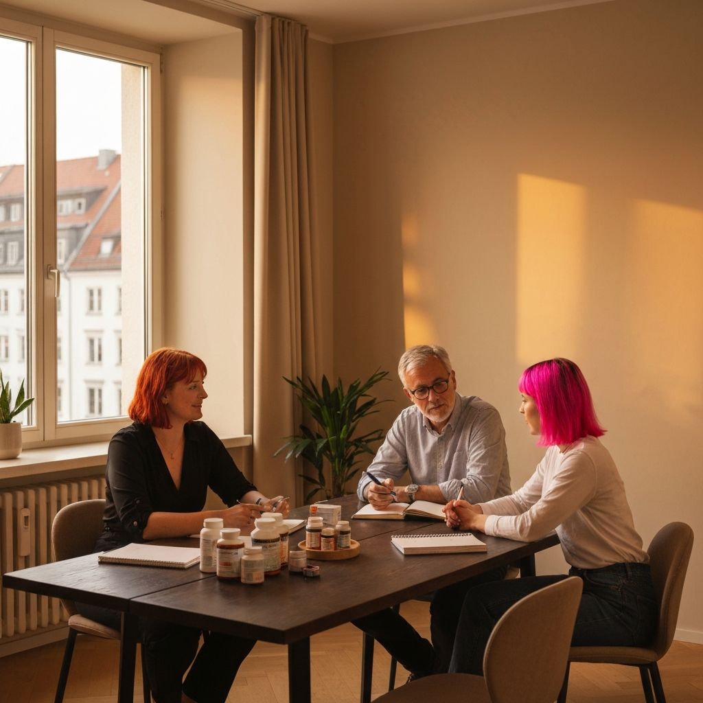 Team arbeitet an Tisch in modernem Berliner Apartment-Büro mit Wellness-Fokus